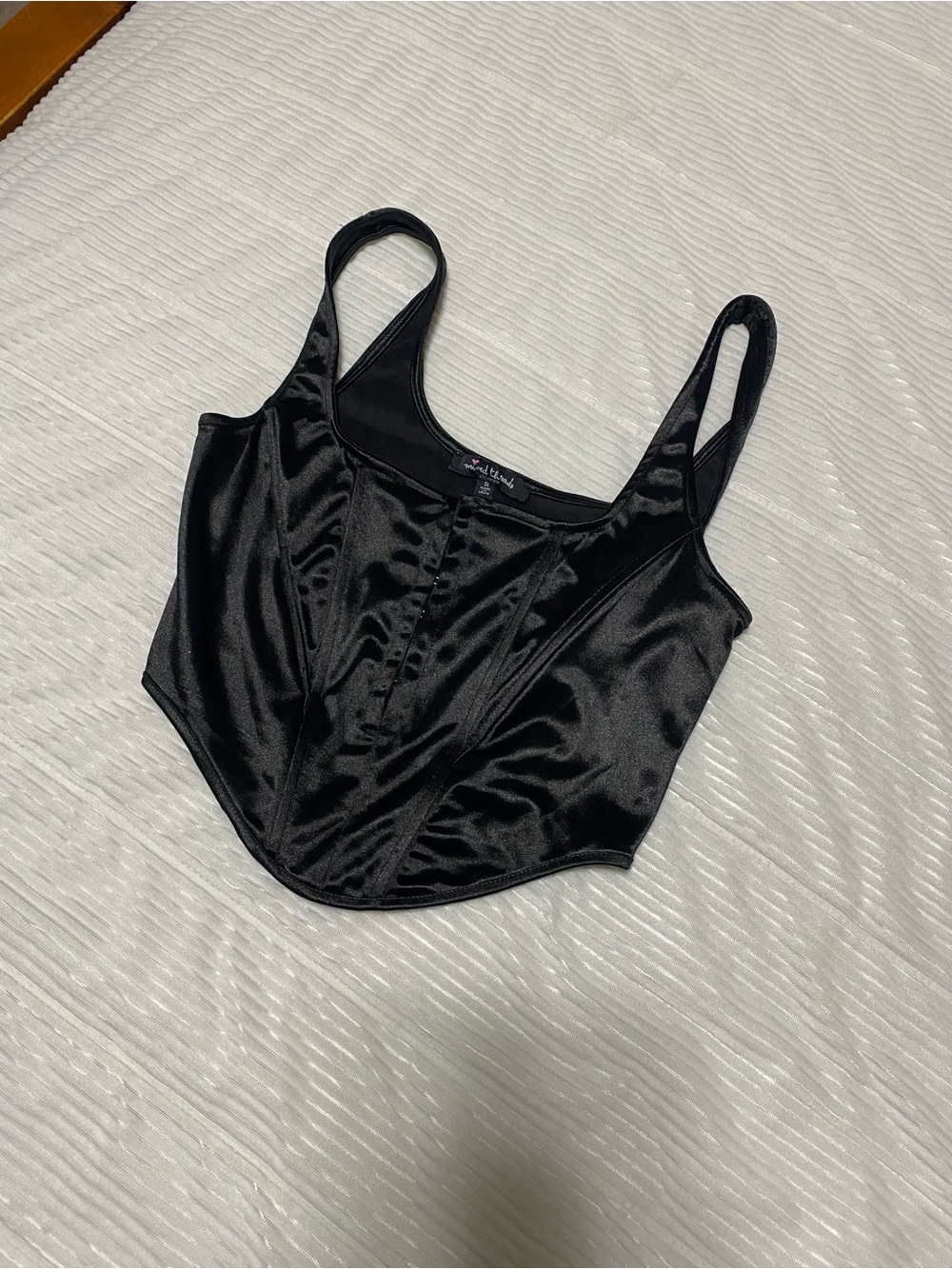 Black Satin Cropped Cami Top with Corset Seaming - Women's